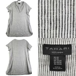 Tahari Dress Women's Plus Size 2X White Striped Linen Resort Lagenlook SS